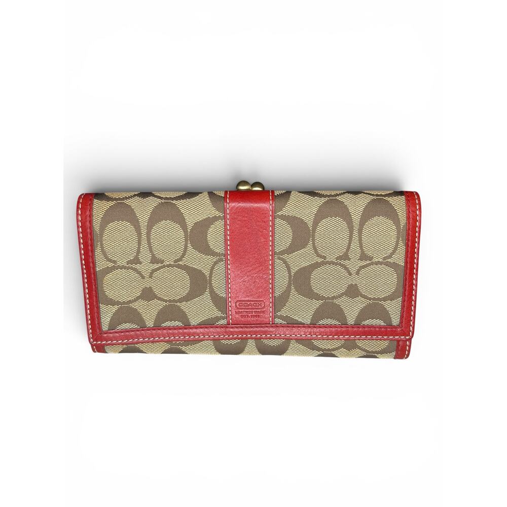 Coach Vintage Signature French Purse Kisslock Trifold Wallet Red Khaki EUC